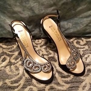 Black satin stiletto heels with rhinestones